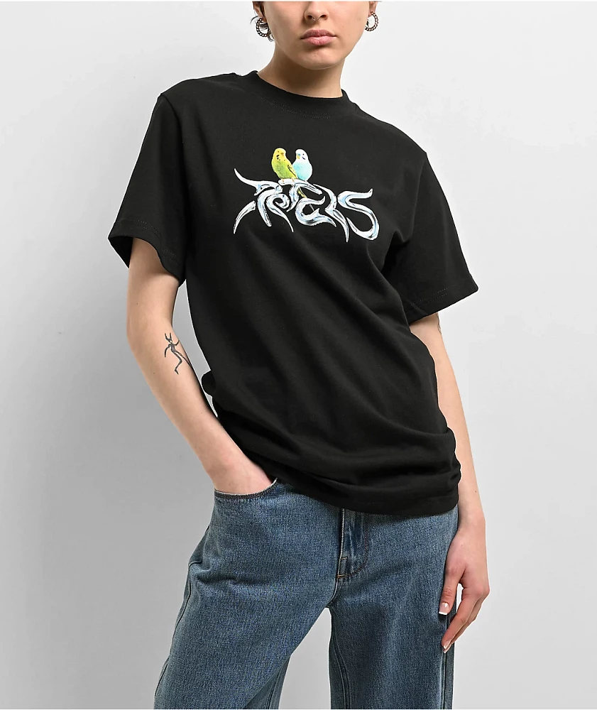 Petals by Petals & Peacocks Budgies Chrome Black T-Shirt