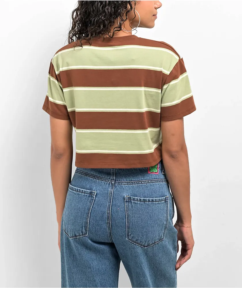 Petals by Petals And Peacocks Stripe Green & Brown Crop T-Shirt