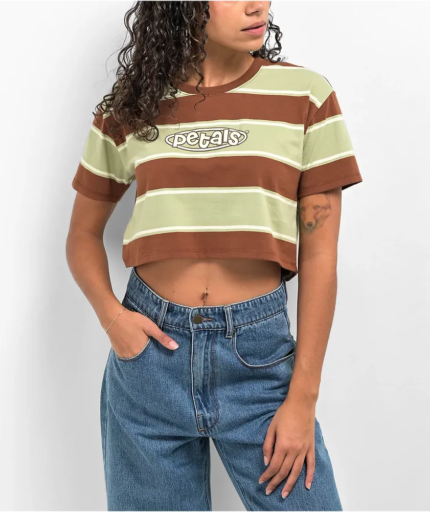 Petals by Petals And Peacocks Stripe Green & Brown Crop T-Shirt