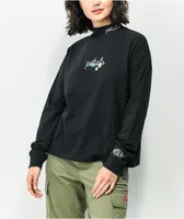 Petals by Petals and Peacocks Daisy Script Mockneck Black Long Sleeve T-Shirt