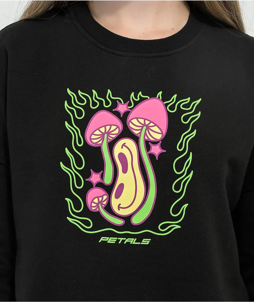 Petals by Petals and Peacocks Happy Trip Black Cropped Crewneck Sweatshirt