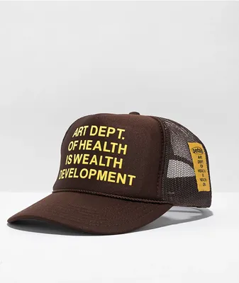 Petals by Petals and Peacocks Health Is Wealth Brown Trucker Hat