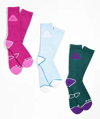 Poler Icon 3 Pack Green, Blue, & Pink Crew Socks