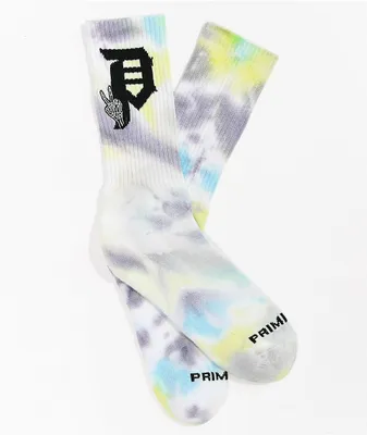 Primitive Dirty P Peace Purple, Yellow, & Blue Tie Dye Crew Socks