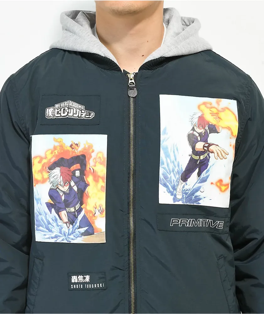 Primitive x My Hero Academia Shoto Todoroki Navy Blue & Grey Hooded Bomber Jacket