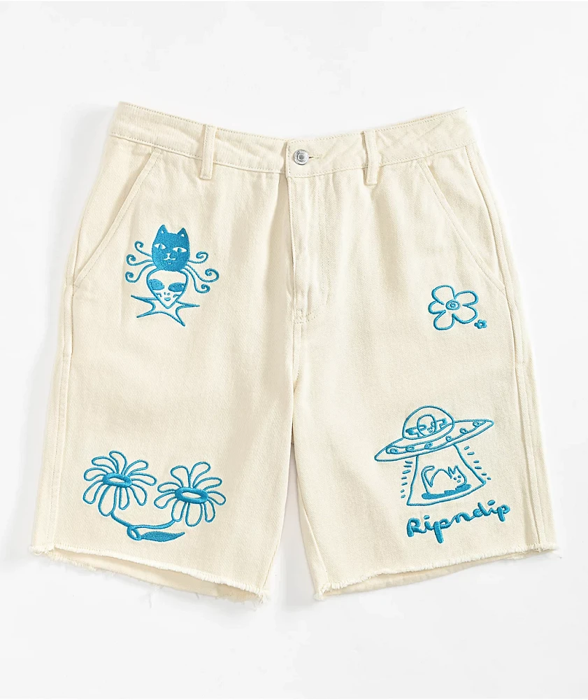 RIPNDIP Blonded Raw Edge White Denim Shorts