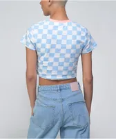 Ragged Priest Blue & White Checkerboard Ringer Crop T-Shirt
