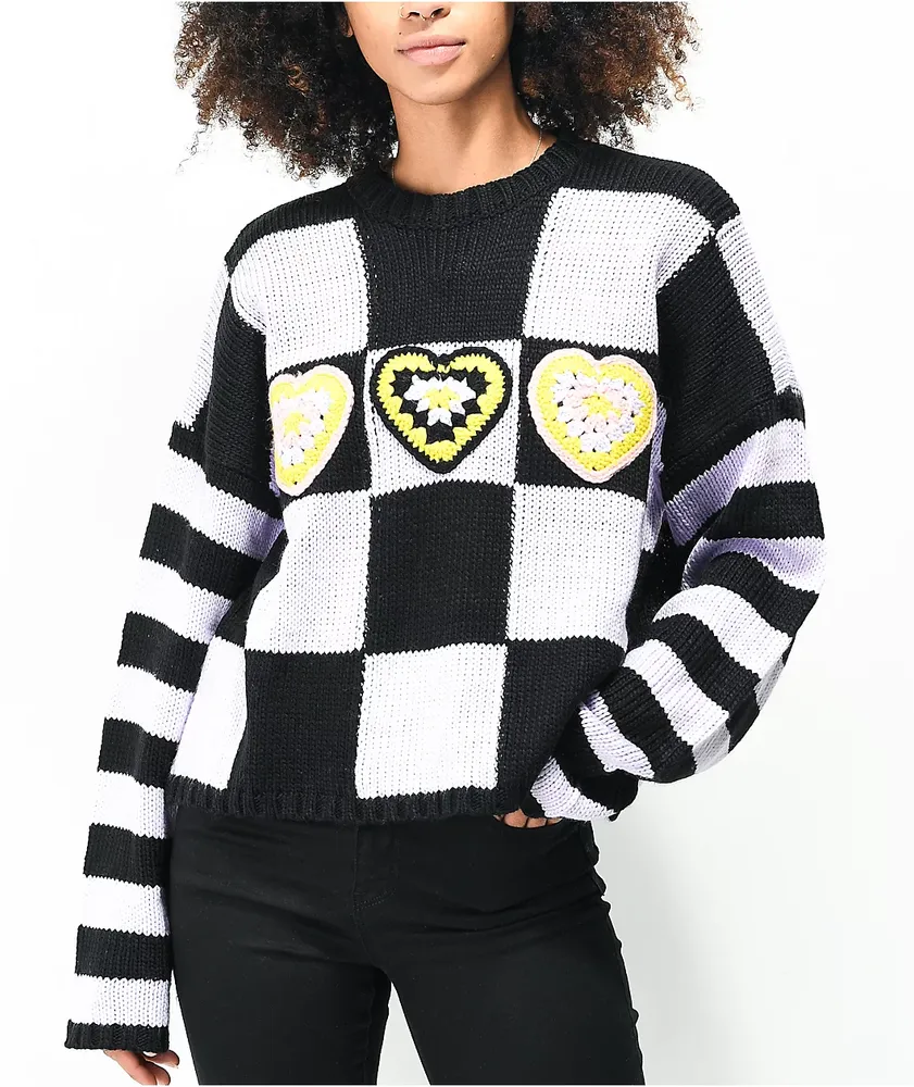 Ragged Priest Buddy Hearts Purple & Black Crewneck Knit Sweater