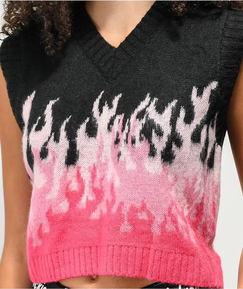 Ragged Priest Burnout Flame Black & Pink Crop Sweater Vest