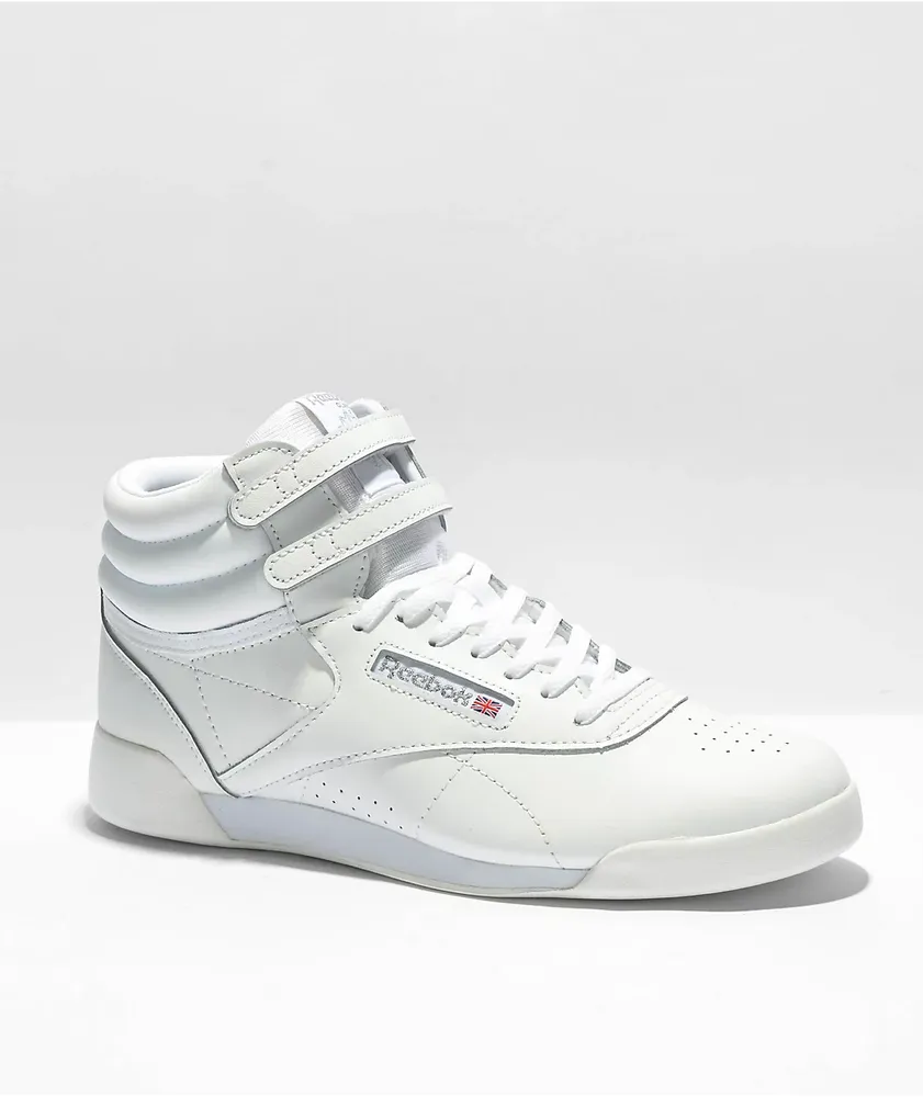 Reebok Freestyle Hi White u0026 Silver Shoes | Hamilton Place