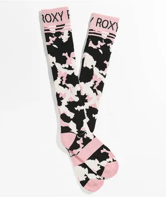 Roxy Misty Animal Print Black & Pink Snow Socks