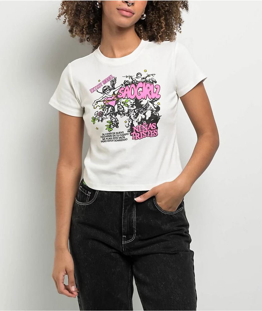 SAD BOYZ By Junior H SAD GIRLZ White & Pink Crop T-Shirt