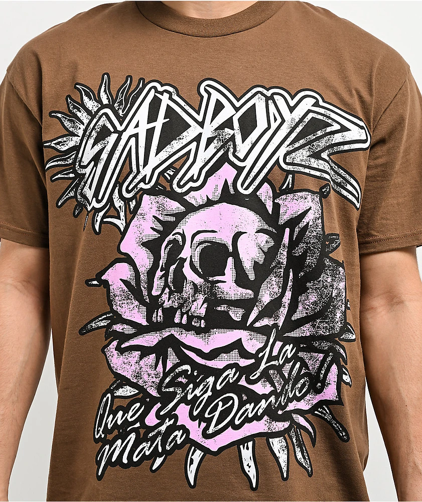 SAD BOYZ by Junior H Pink Roses Brown T-Shirt