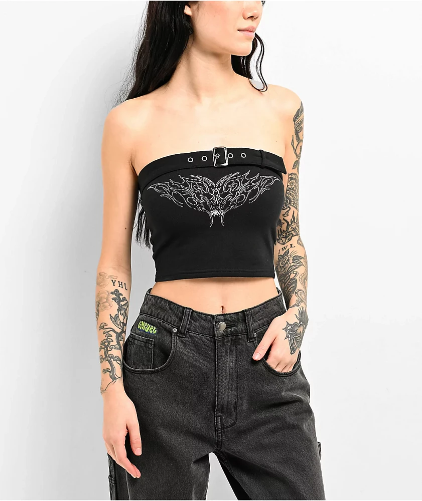 SWIXXZ  Rhinestone Black Buckle Tube Top