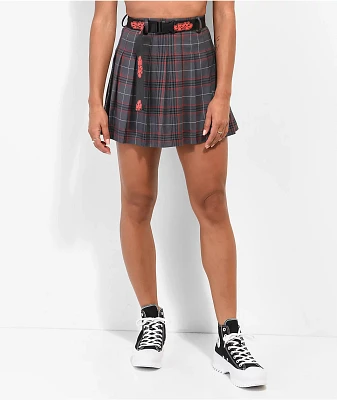 SWIXXZ Anime Grey, Red & Black Plaid Skirt