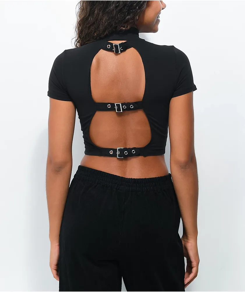 SWIXXZ Best Wishes Buckle Black Mock Neck Crop Top