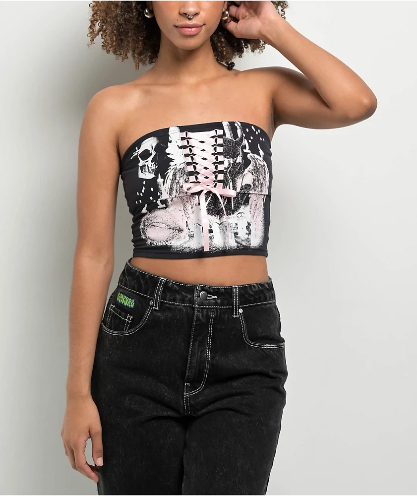 SWIXXZ Black & Pink Lace Up Tube Top