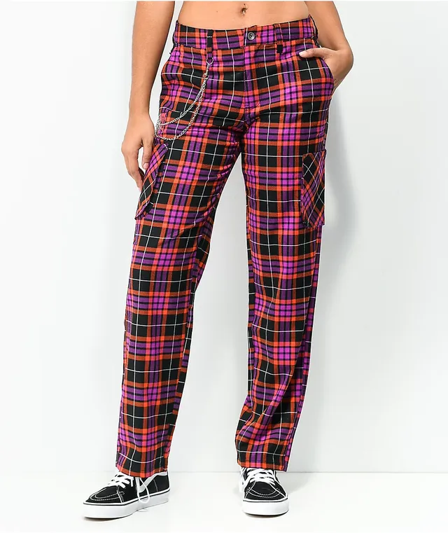 Black & Green Plaid Split Chain Pants