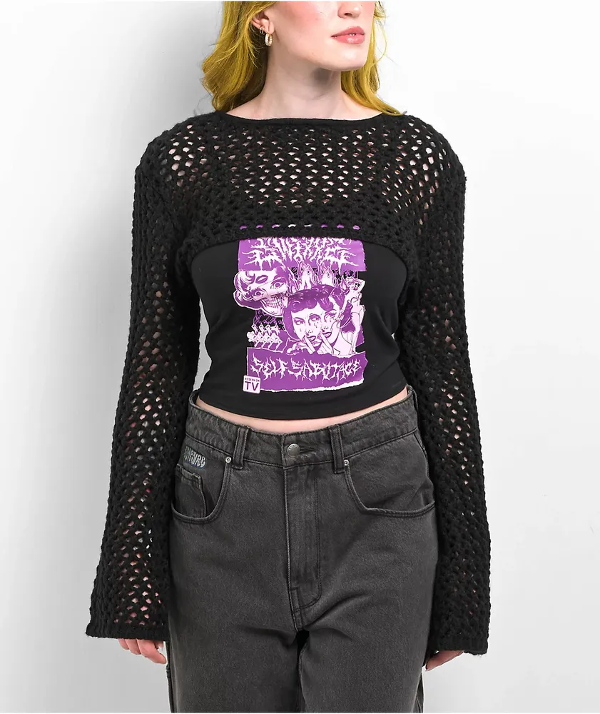 SWIXXZ Metal Collage Black Crop Sweater