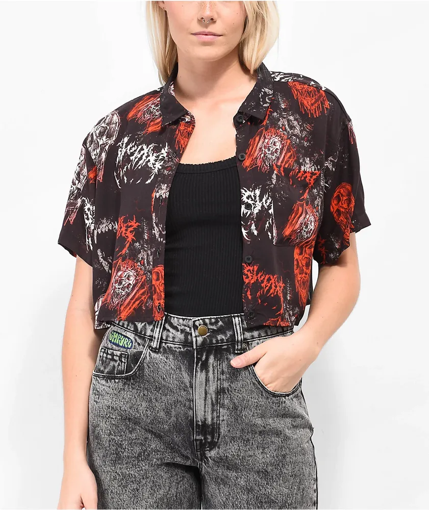 SWIXXZ Monster Pattern Black Crop Button Up Shirt