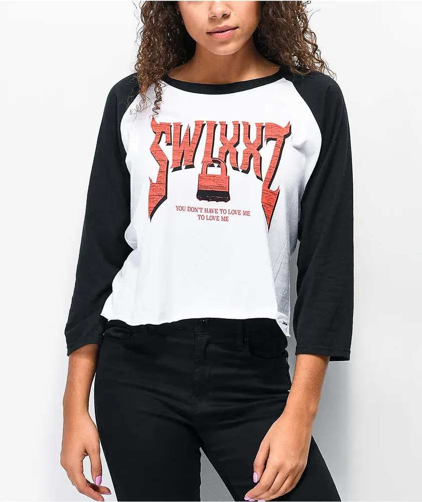 SWIXXZ Never Enough White Raglan Crop Long Sleeve T-Shirt