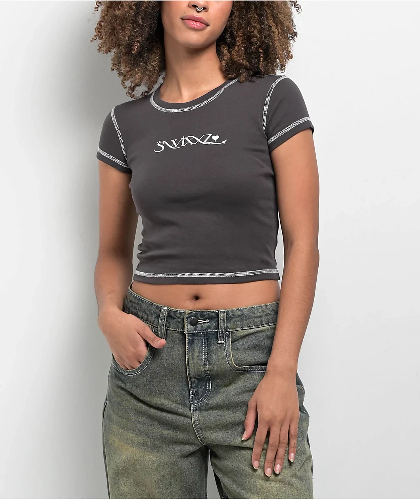 SWIXXZ Rhinestone Wings Grey Crop T-Shirt