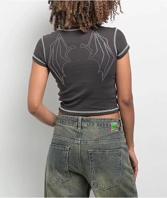 SWIXXZ Rhinestone Wings Grey Crop T-Shirt