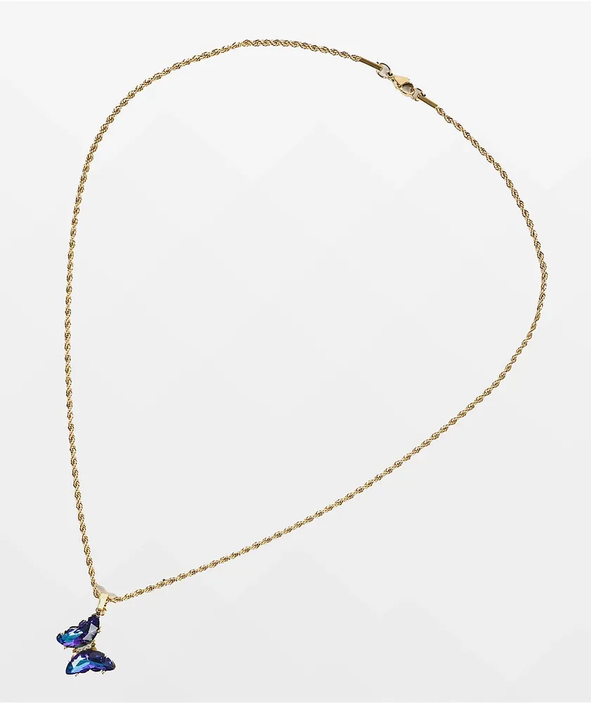 Saint Midas Blue Gem Butterfly 18" Gold Chain Necklace