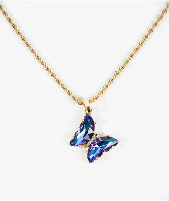 Saint Midas Blue Gem Butterfly 18" Gold Chain Necklace