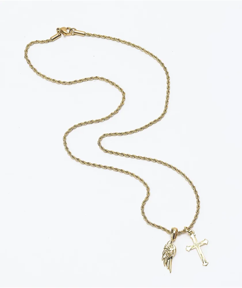 Saint Midas Cross & Wing 20" Gold Necklace