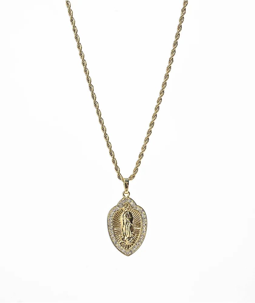 Saint Midas Guadalupe Crystal Pendant 20" Gold Chain Necklace