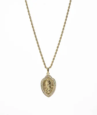 Saint Midas Guadalupe Crystal Pendant 20" Gold Chain Necklace