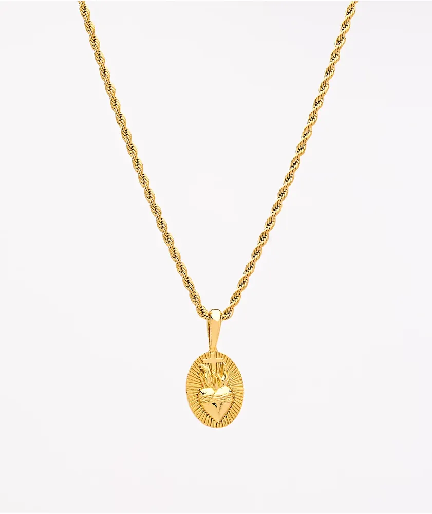 Saint Midas Heart Circle Yellow Gold 20" Rope Chain Necklace
