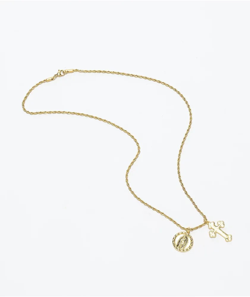 Saint Midas Mary & Cross 20" Gold Rope Chain Necklace