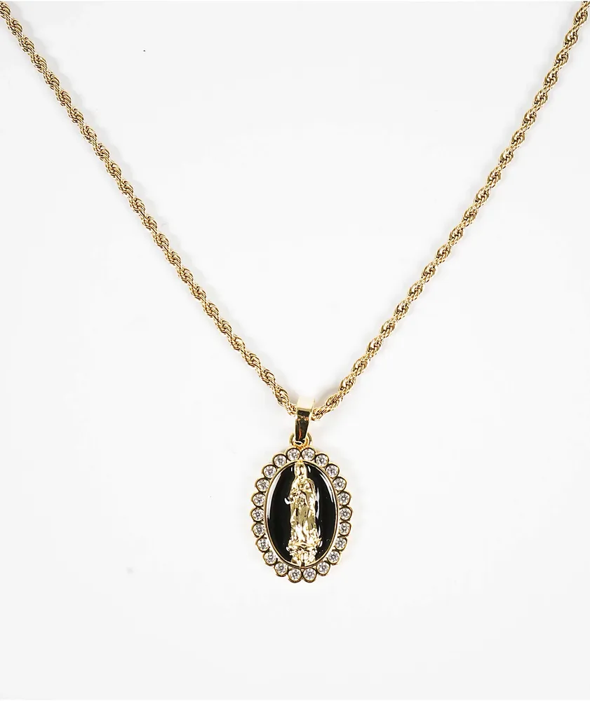 Saint Midas Obsidian Mother Mary 20" Gold Necklace