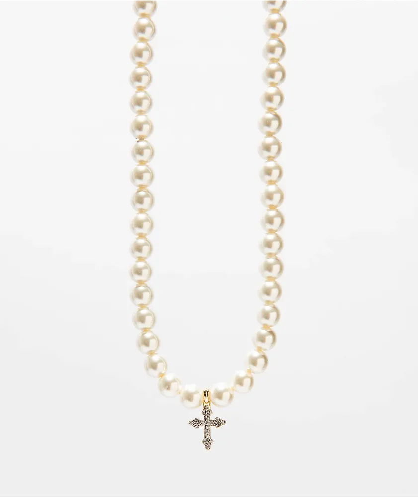 Saint Midas Pearl Chain 18" Diamond Cross Necklace