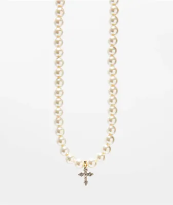 Saint Midas Pearl Chain 18" Diamond Cross Necklace