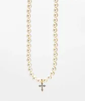 Saint Midas Pearl Chain 18" Diamond Cross Necklace