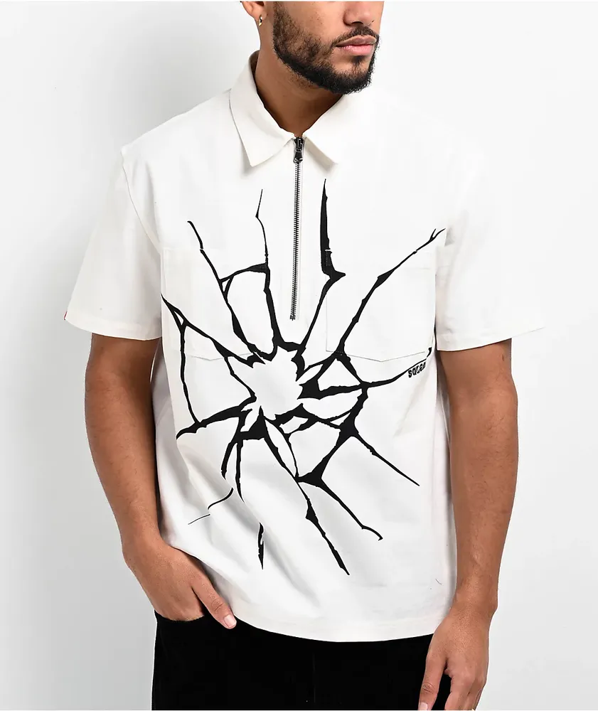 Salem7 Broken Glass White Half Zip Short Sleeve Canvas Shirt