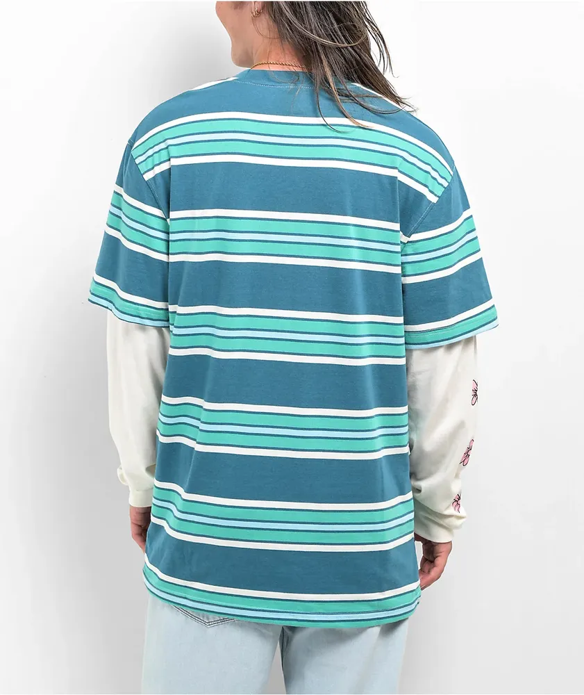 Salem7 Flower Power Blue Stripe 2Fer Long Sleeve T-Shirt