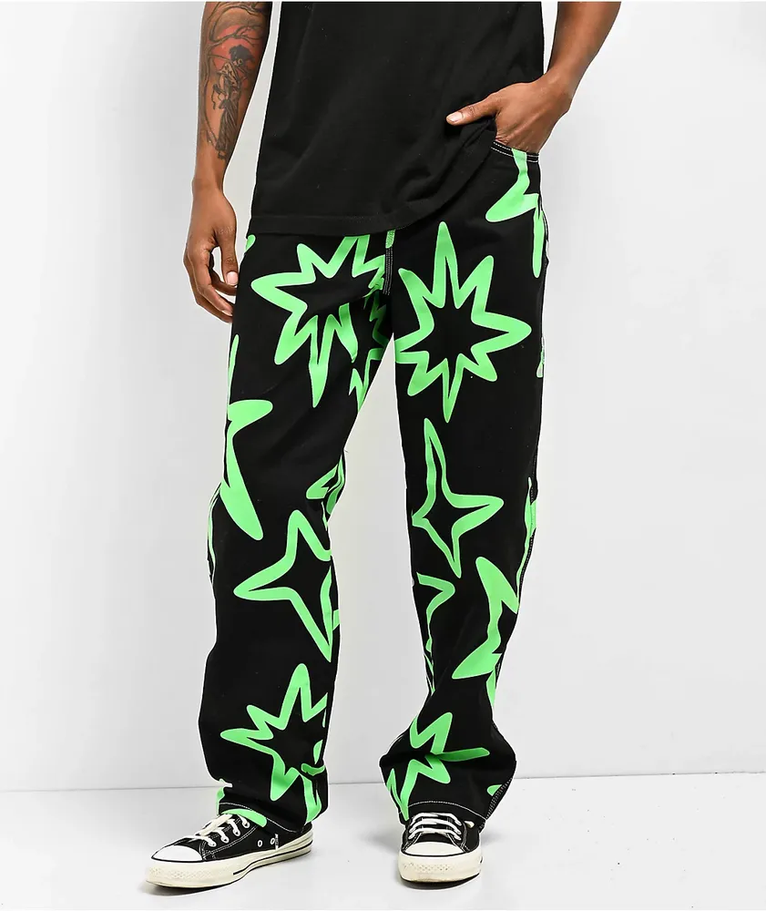 Salem7 Neon Star Black & Green Denim Jeans 