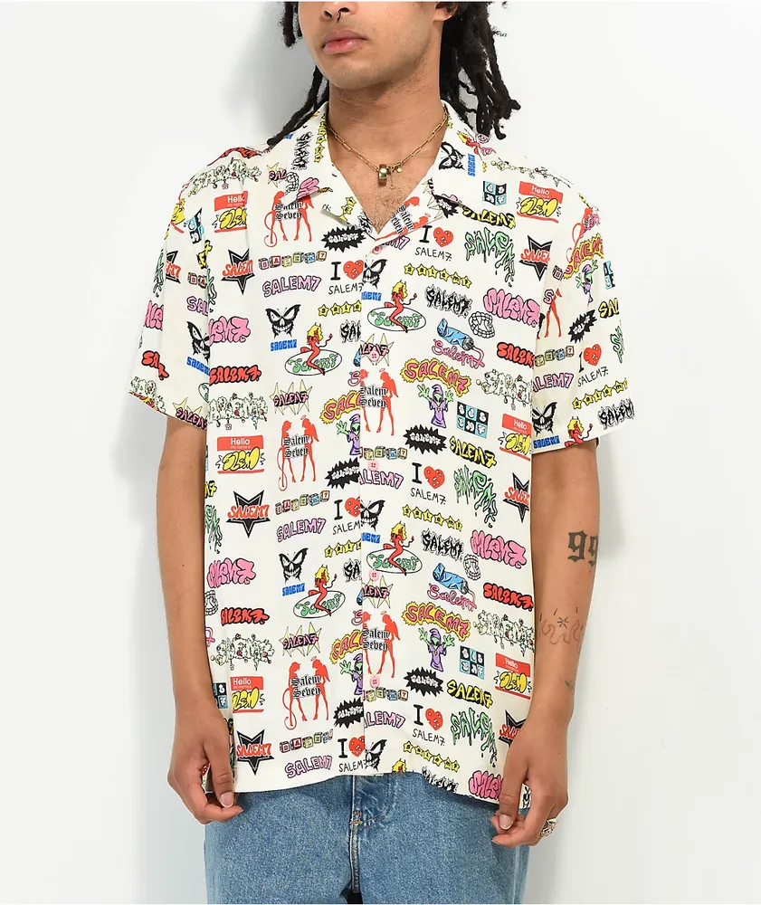 Salem7 Sticker Natural Short Sleeve Button Up Shirt