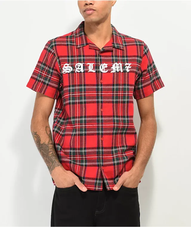 Salem7 Tartan Red & Green Short Sleeve Flannel Shirt