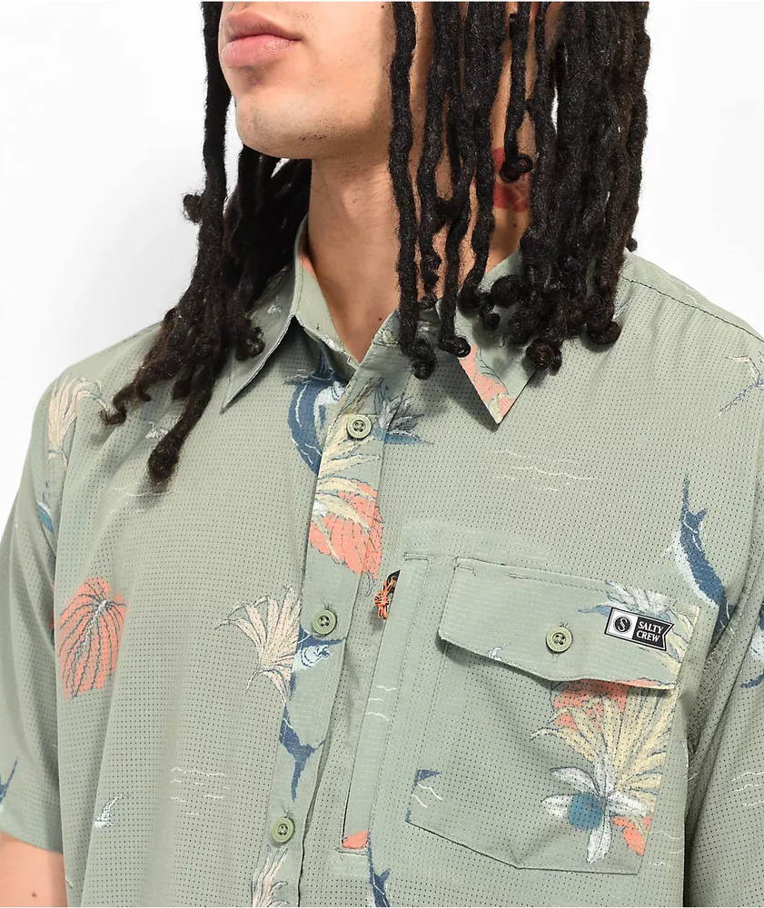 Salty Crew Ernesto Green Perforated Woven Short Sleeve Button Up Shirt