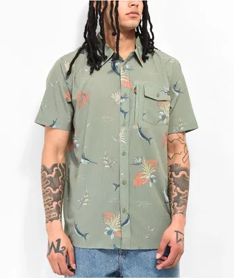 Salty Crew Ernesto Green Perforated Woven Short Sleeve Button Up Shirt