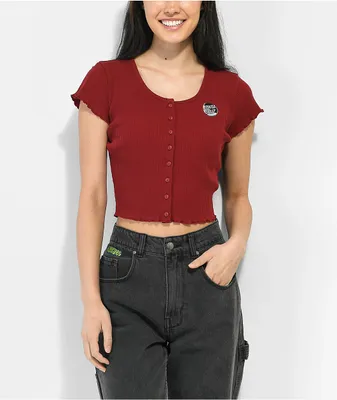 Santa Cruz Blocker Dot Sangria Button Front Crop Top