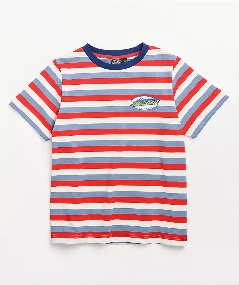 Santa Cruz Oval Flame Dot Blue, Red & White Stripe T-Shirt