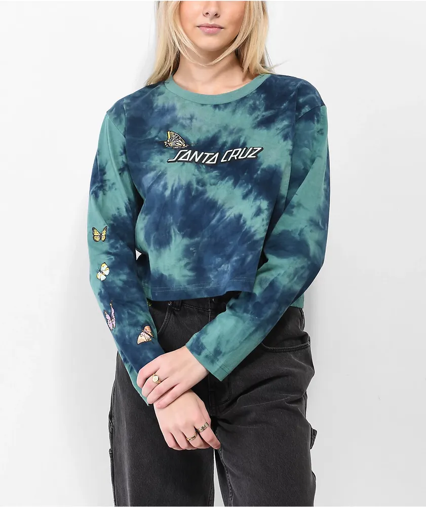 Santa Cruz Scattered Butterfly Blue Tie Dye Crop Long Sleeve T-Shirt