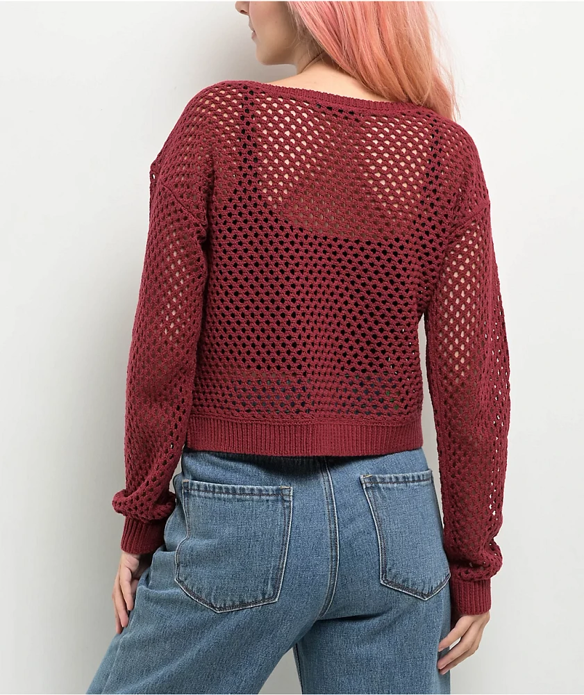 Spicychix Burgundy Open Knit Long Sleeve Crop Sweater