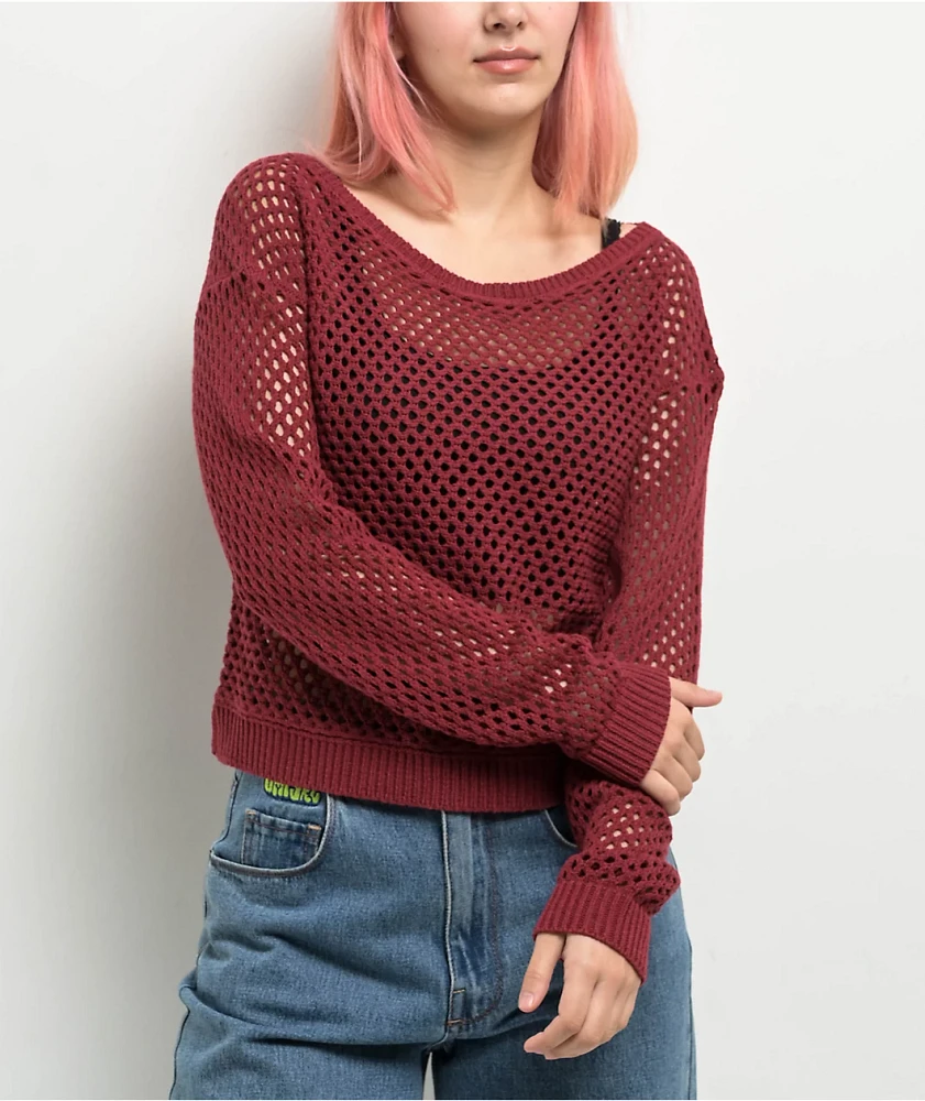 Spicychix Burgundy Open Knit Long Sleeve Crop Sweater